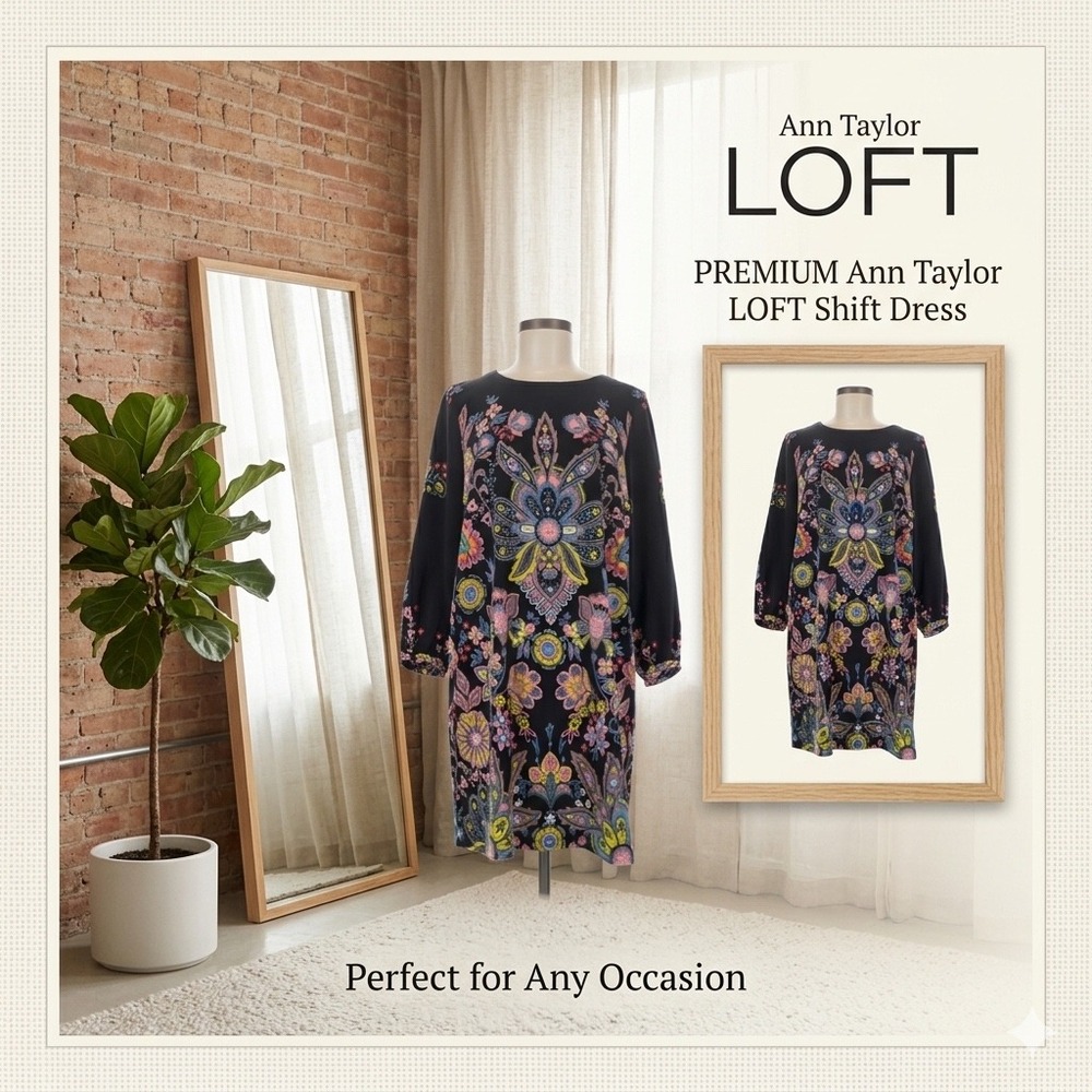 Ann Taylor LOFT Petite XSP Black Floral Paisley Medallion Shift Dress 3/4 Sleeve
